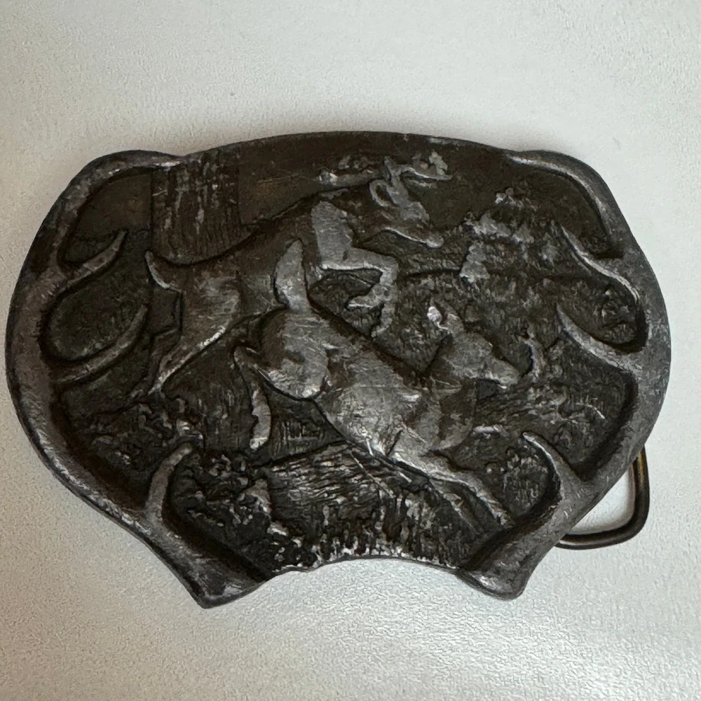 Vintage Pewter Deer‎ Buckle Hunting Scene Belt Buckle Metal Western Cowboy